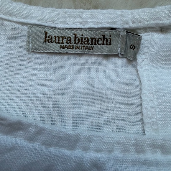 Chic Laura Bianchi White Linen Back Buttons Lace Trim Short Sleeve Women's Top-S - Picture 9 of 15
